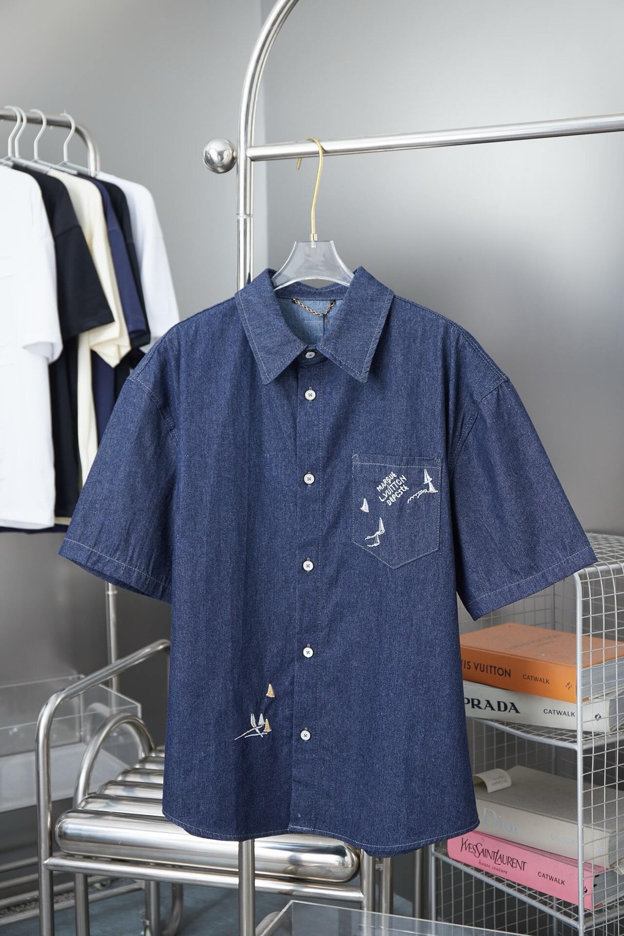 Letter Embroidered Denim Shirt