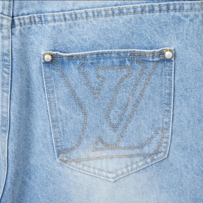 Pocket Letter Embroidered Denim Shorts