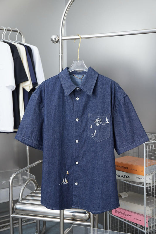 Letter Embroidered Denim Shirt