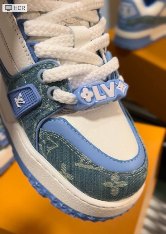 Trendy Blue Leather Sneakers