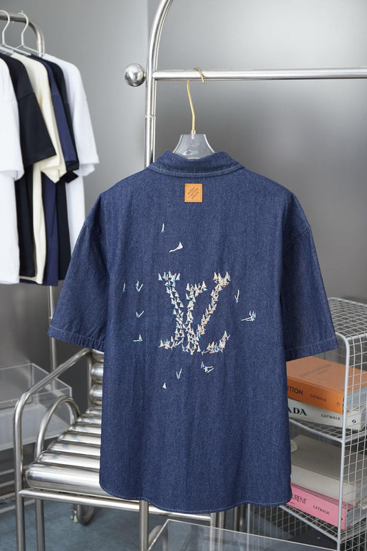 Letter Embroidered Denim Shirt